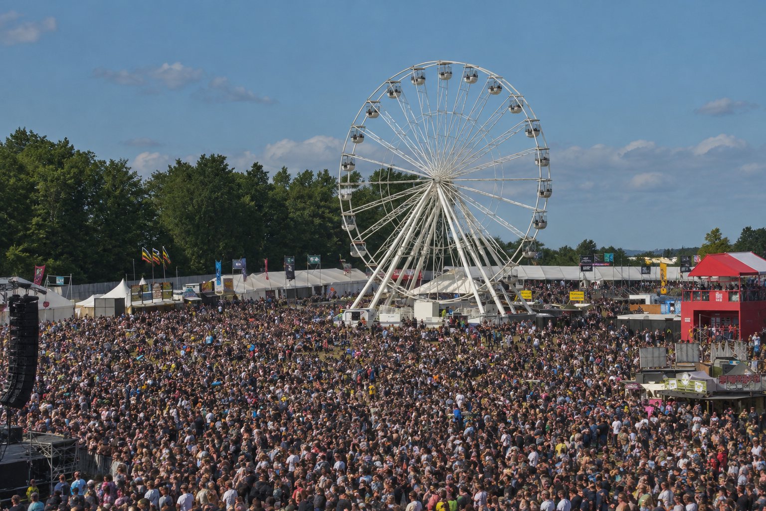 Ferris wheel at Download Festival, Donington Park, silhouetted against the sky