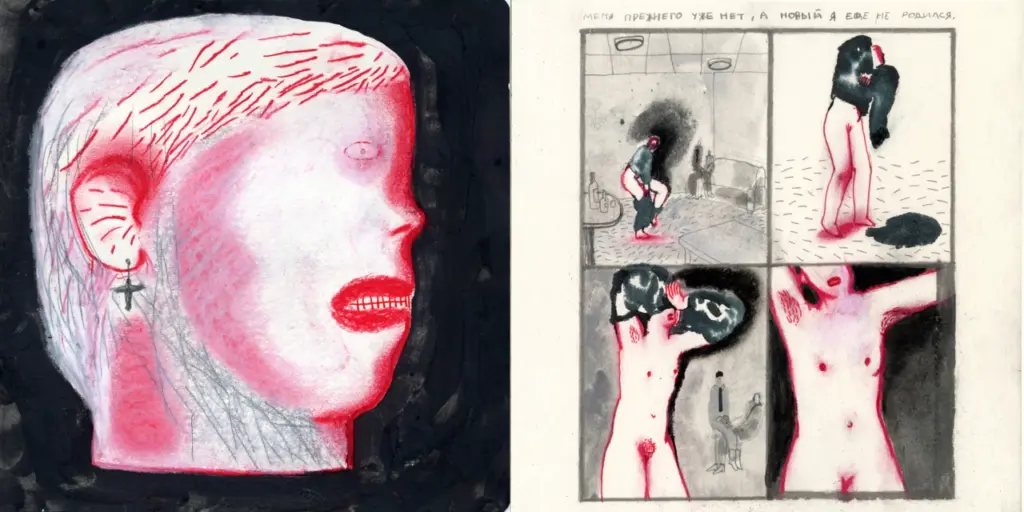 Varya Yakovleva working with colourful ink sketches and a carved wooden female figure
