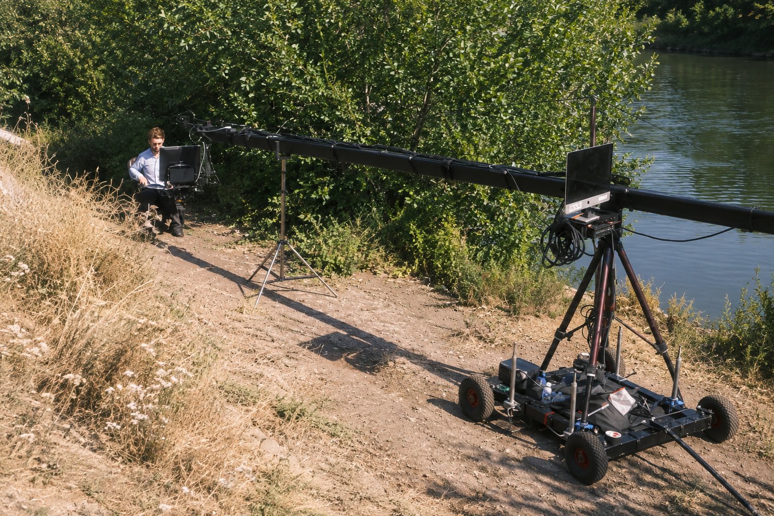 A 2009 iMac mounted on a crane over a lake during filming of The Oddersy