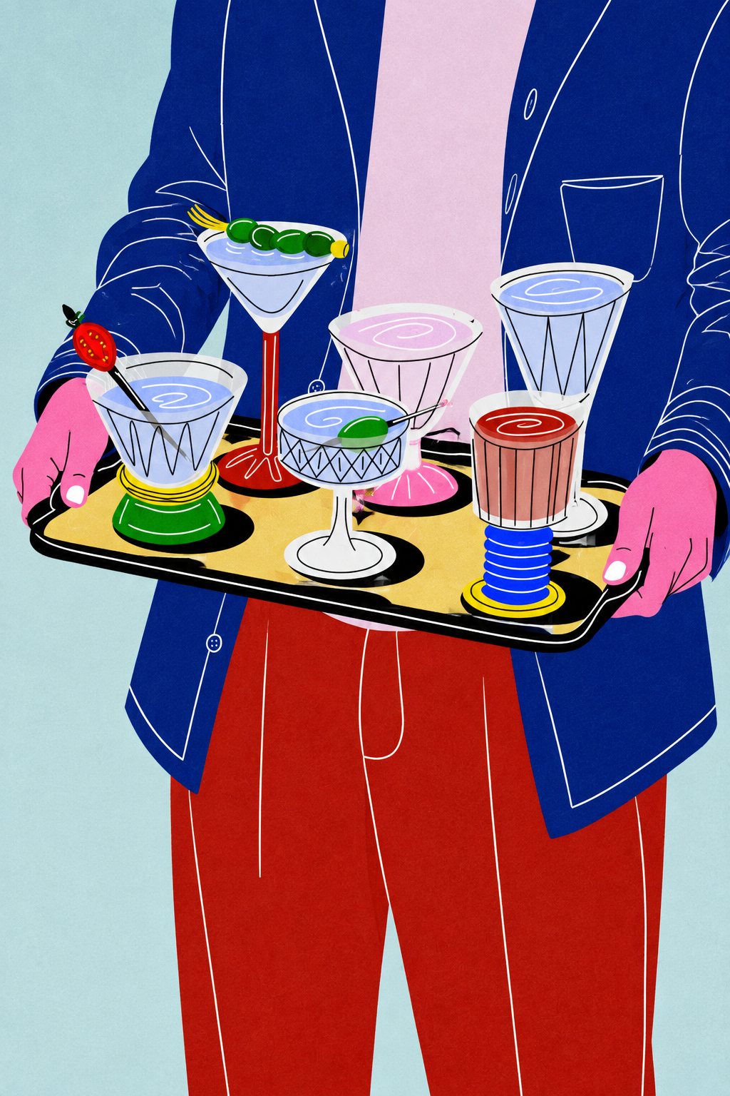 Azra Hirji illustration of a colourful family table spread with dishes and smiling figures