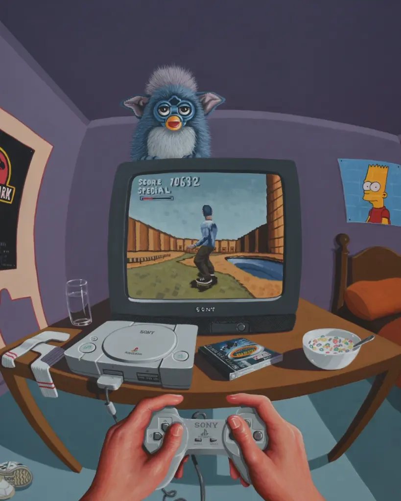 Saturday Morning 2001 by Matthew Blackburn: fisheye bedroom with PlayStation controller and cereal bowl