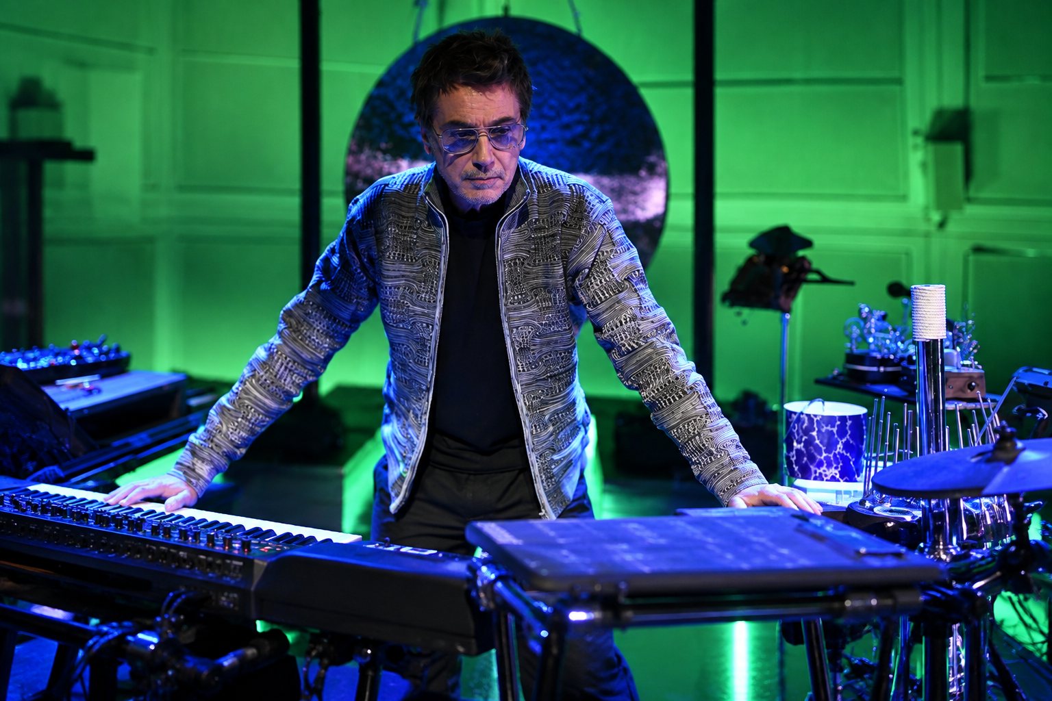 Jean-Michel Jarre concept art: synth-built city skyline representing Oxyville and immersive audio