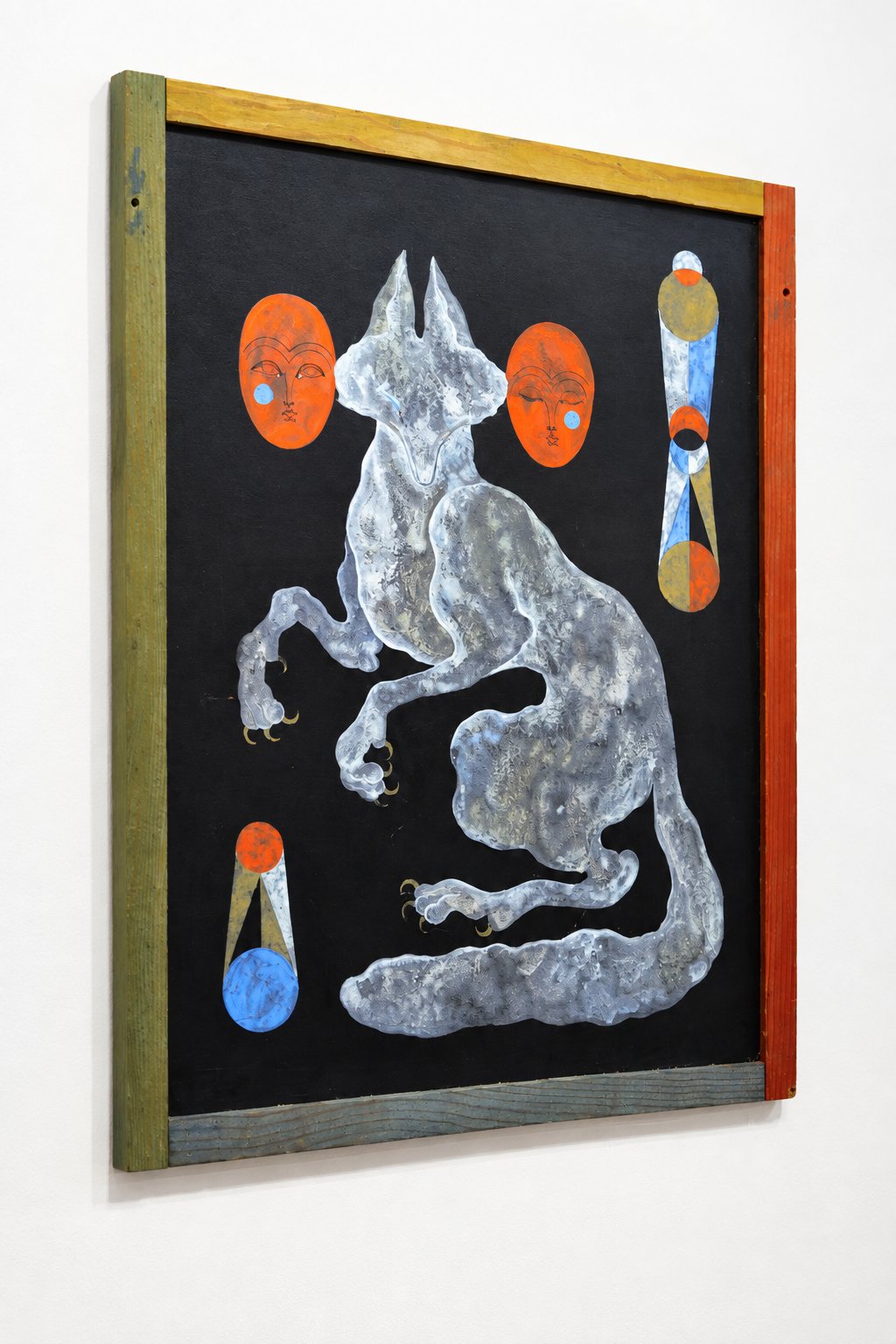 Installation view of Lou Benesch's The Magician’s Room at Hashimoto Contemporary showing mixed‑media works on antique papers