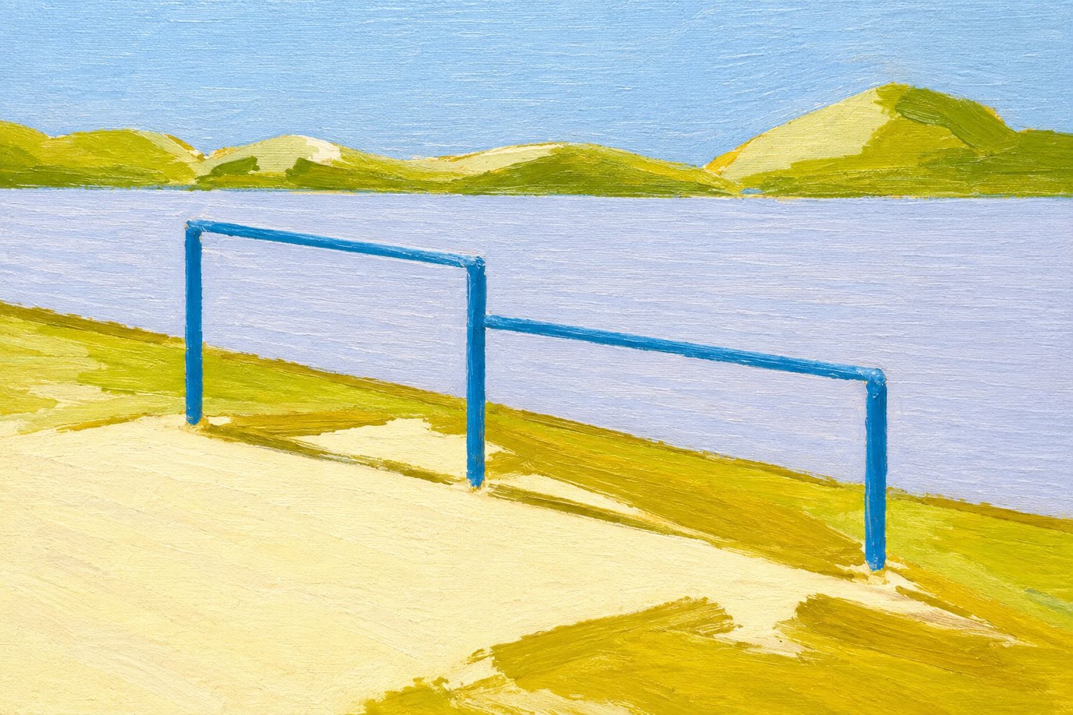 Oil painting by Naruhiko of an empty playground with a blue spring-rider and pigeons in soft light